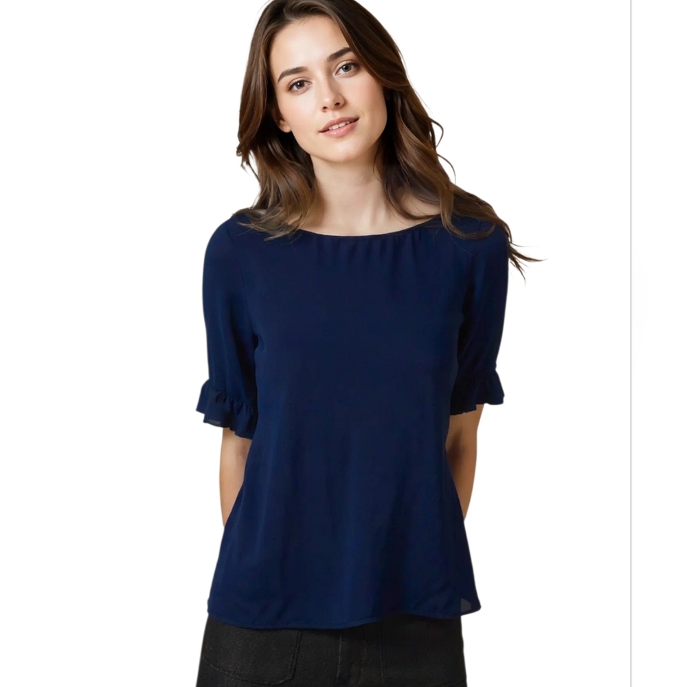 RW&CO Pullover Size M Top Deep Blue 100% Viscose Ruffled Sleeve